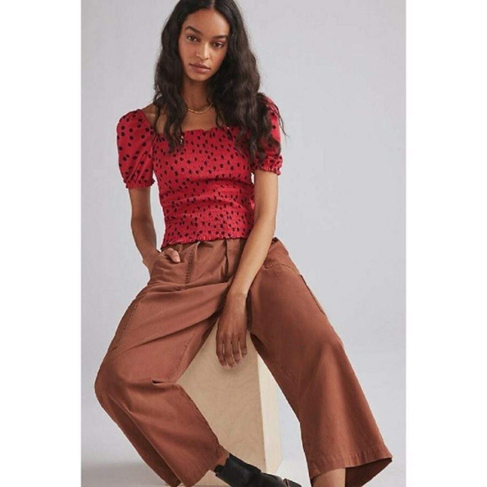 Anthropologie Dolan Left Coast Polka Dot Smocked Puff-Sleeved Top - Picture 4 of 4
